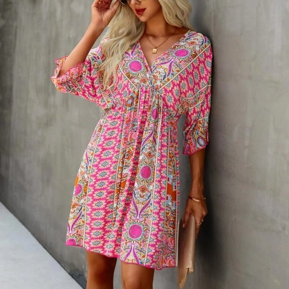 Multi Print Wrap Neck Tie Back Dress Pink - Picture 4 of 4
